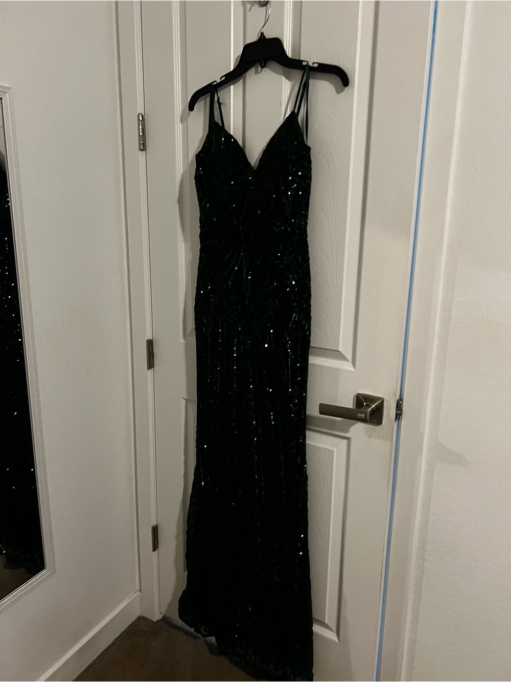 Hunter Green Sequin Evening Gown with Spaghetti Straps